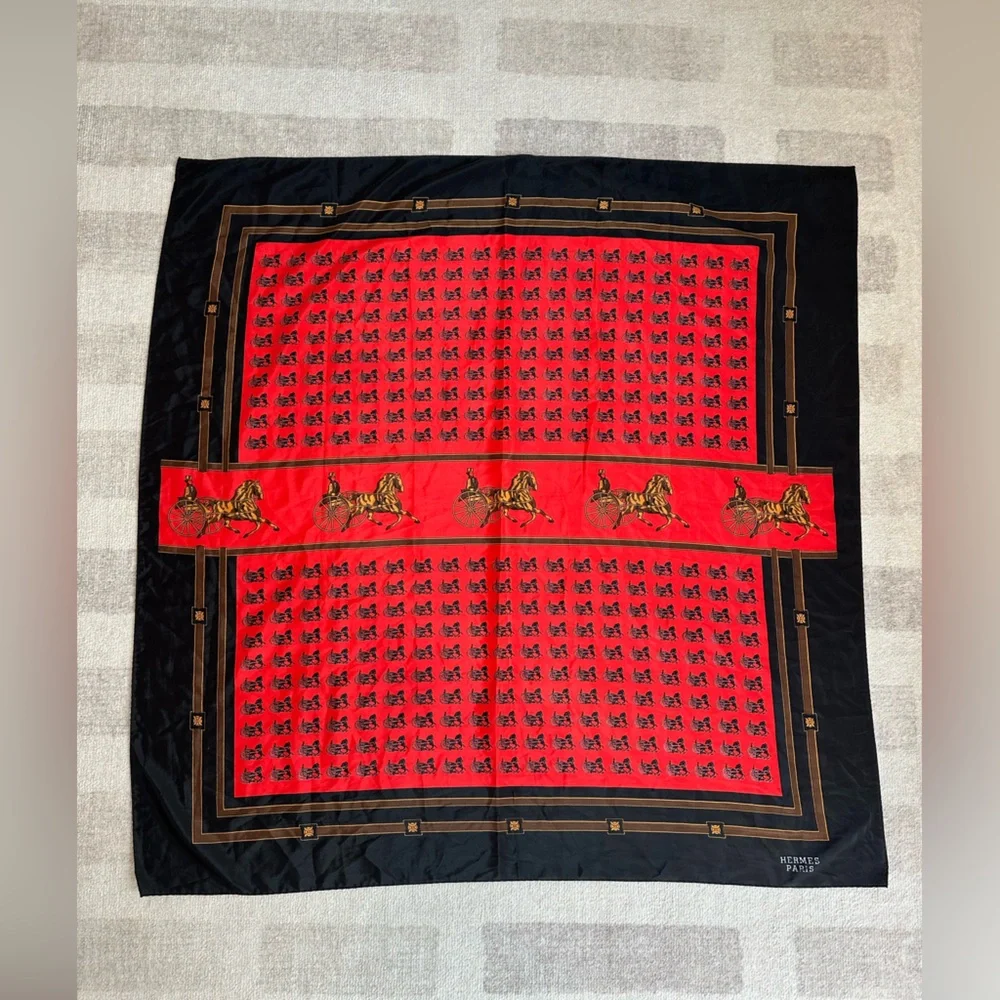 Vintage Hermes Paris Silk Horse and Carriage Scarf Red and Black - Picture 2 of 15
